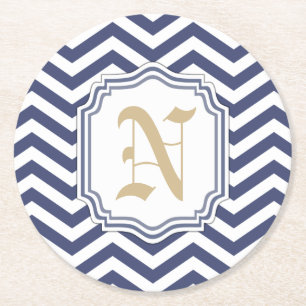 Nautical Navy Zickzack Monogramat Runder Pappuntersetzer