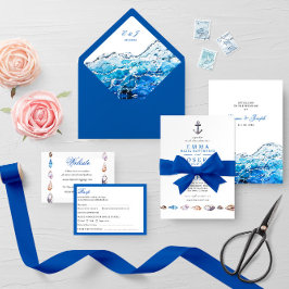 Nautical Ocean Beach blue Wedding Rsvp Card