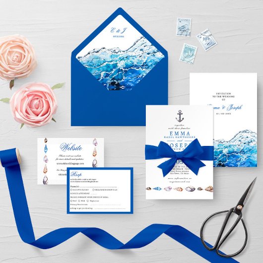 Nautical Ocean Beach blue Wedding Rsvp Card Karte