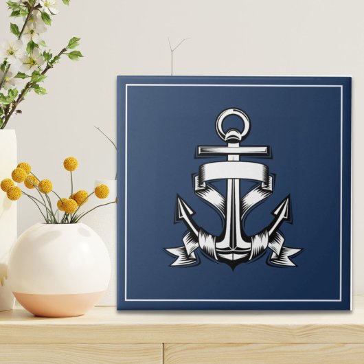 Nautical Ocean Beach House Navy Blue Ship Anchor Fliese