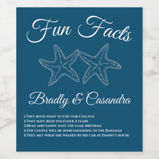 Nautical Ocean Blue Wedding Starfish Fun Fakten Weinetikett (Einzelnes Label)