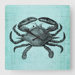 Nautical Ocean Crab Antiquitätenkunst Aquamarines Quadratische Wanduhr