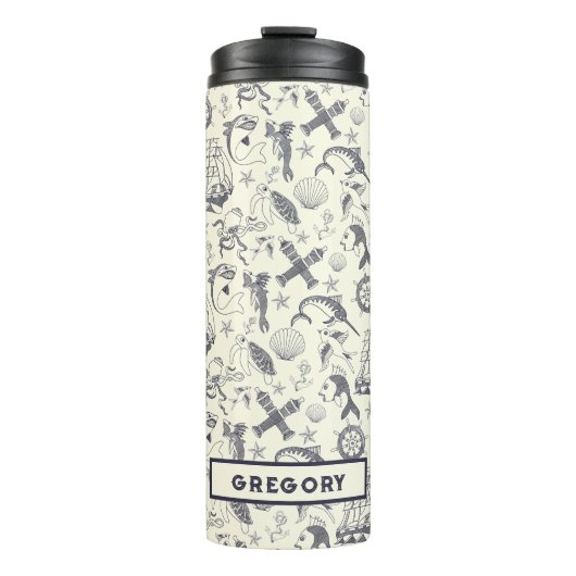 Nautical Old Sailor Tattoos Gemustert Thermosbecher (Vorderseite)