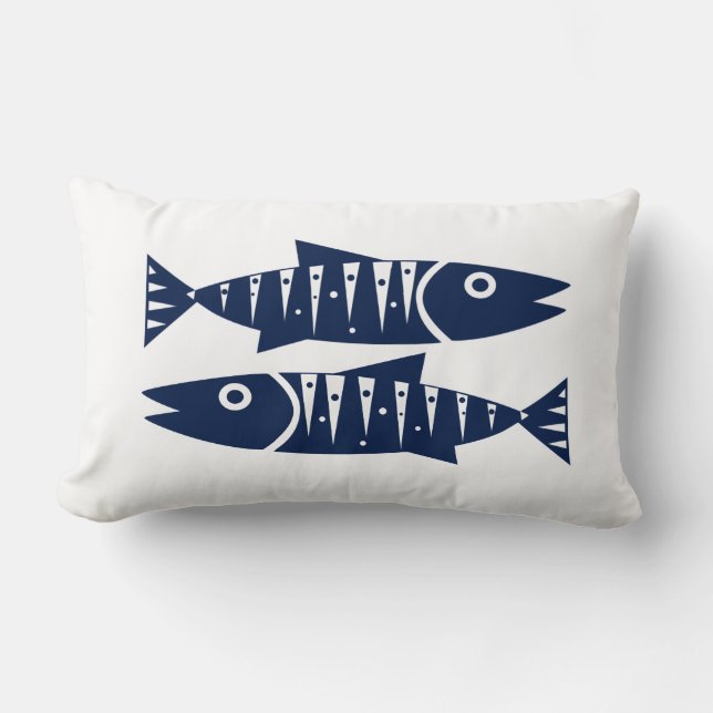 Nautical Pillow Fish Blue and White Coastal Lendenkissen (Vorderseite)