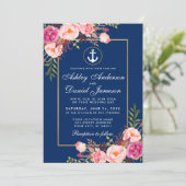 Nautical Pink Floral Blue Gold Hochzeit Einladung (Stehend Vorderseite)