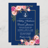 Nautical Pink Floral Blue Gold Hochzeit Einladung (Vorne/Hinten)