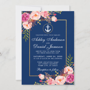 Nautical Pink Floral Blue Gold Hochzeit Einladung