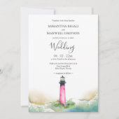 Nautical Pink Lighthouse Beach Hochzeit in Urlaubs Einladung (Vorderseite)