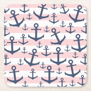 Nautical Pink Stripe blaues Ankermuster Rechteckiger Pappuntersetzer