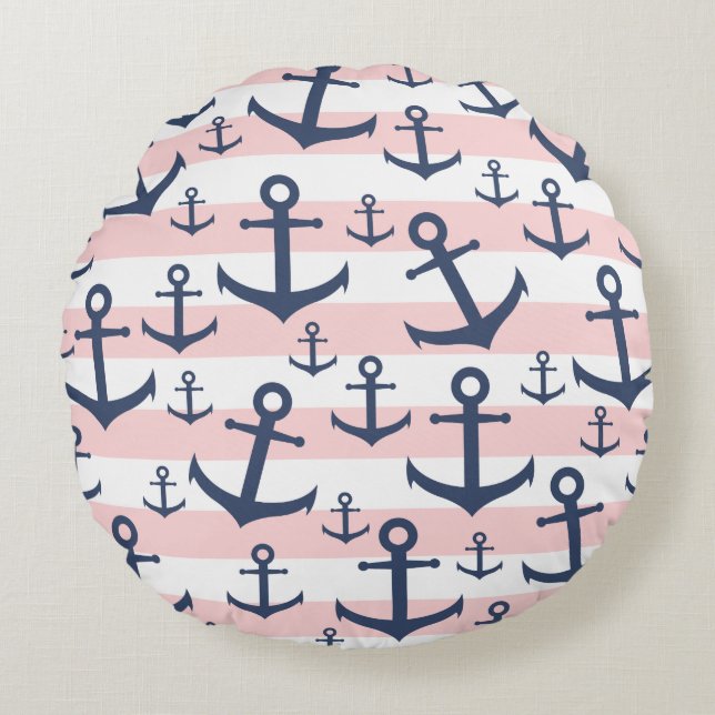Nautical Pink Stripe blaues Ankermuster Rundes Kissen (Vorderseite)