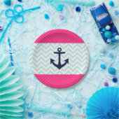 Nautical Pink White Minze Zickzack Ankermuster Pappteller (Party)