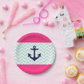 Nautical Pink White Minze Zickzack Ankermuster Pappteller (Party)