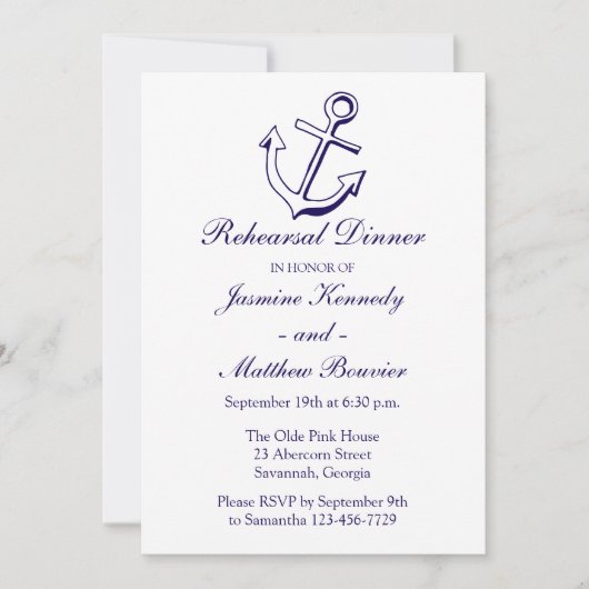 Nautical Probe Dinner Navy Blue Ship Anchor Einladung (Vorderseite)