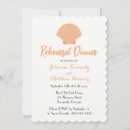 Nautical Probe Dinner Orange Seashell Wedding Einladung (Vorderseite)