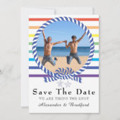 Nautical Rainbow Stripe Gay Wedding Save the Date Ankündigung (Vorderseite)