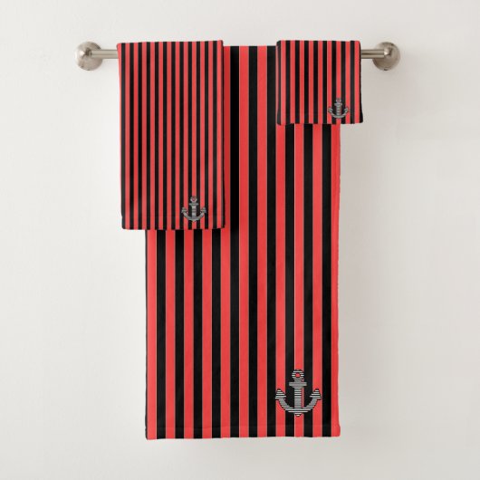 Nautical Red Black Stripe Anchor Badhandtuch Set (Insitu)
