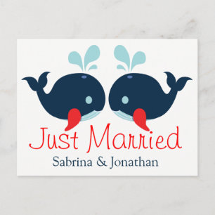 Nautical Red Just Married Wedding Navy Blue Whales Ankündigungspostkarte