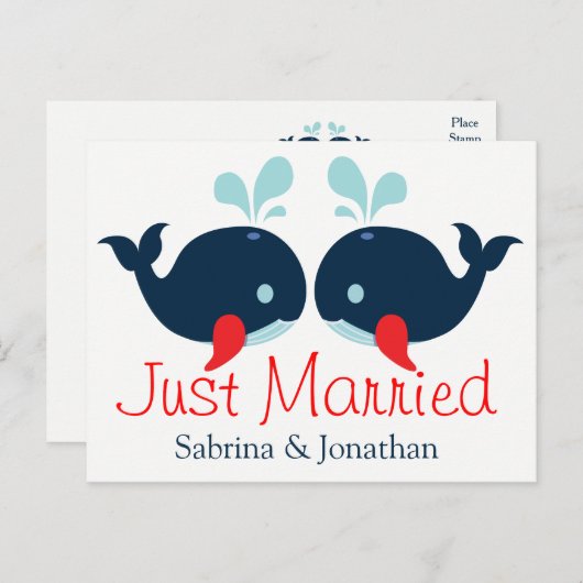 Nautical Red Just Married Wedding Navy Blue Whales Ankündigungspostkarte (Vorne/Hinten)