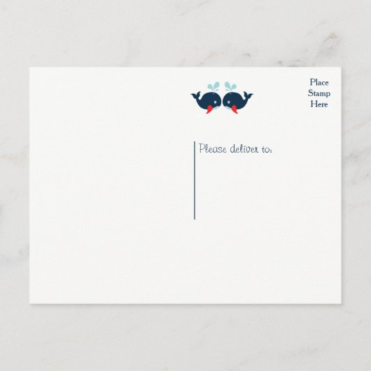 Nautical Red Just Married Wedding Navy Blue Whales Ankündigungspostkarte (Rückseite)