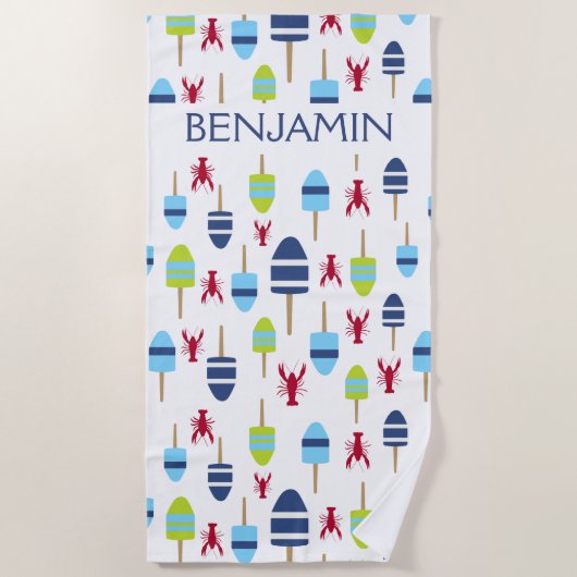 Nautical Red Lobster Buoy Beach House Personalisie Strandtuch (Vorderseite)