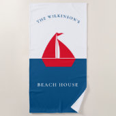 Nautical Red Sailboat Personalized Family Name  Strandtuch (Vorderseite)