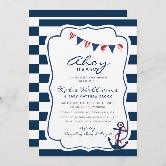 Nautical Red White Blue Anchor Boy Baby Dusche Einladung (Vorne/Hinten)