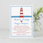 Nautical Red White Lighthouse Blue Stripes Wedding Einladung (Stehend Vorderseite)