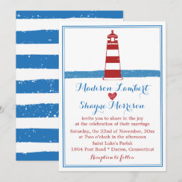 Nautical Red White Lighthouse Blue Stripes Wedding Einladung
