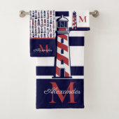 Nautical Red White Navy Blue Stripe Lighthouse Badhandtuch Set (Insitu)
