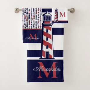Nautical Red White Navy Blue Stripe Lighthouse Badhandtuch Set