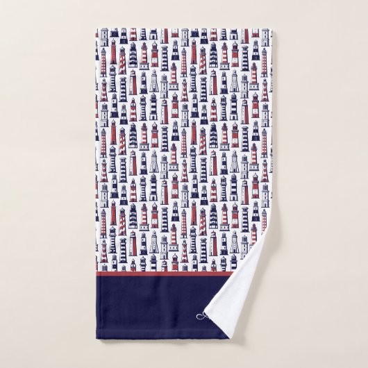 Nautical Red White Navy Blue Stripe Lighthouse Badhandtuch Set (Handtuch)