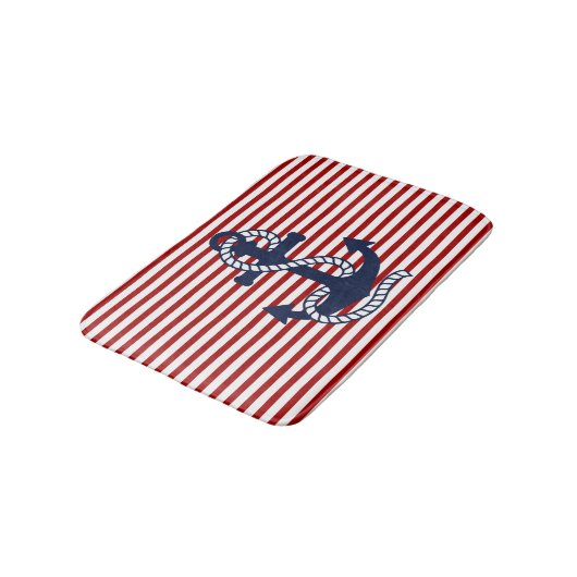 Nautical Red White Strips und Blauer Anker Badematte (Schrägansicht)