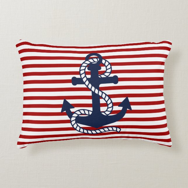 Nautical Red White Strips und Blauer Anker Dekokissen (Vorderseite)