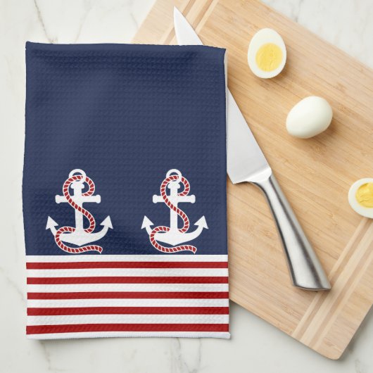 Nautical Red White Strips und White Anchor Geschirrtuch (Viertel Falte)