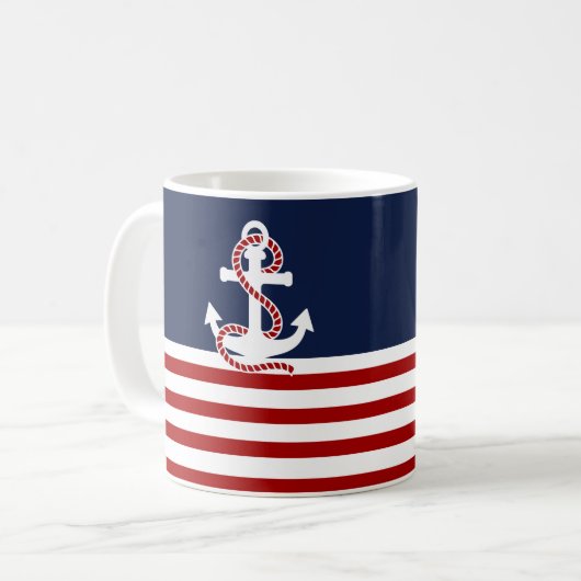 Nautical Red White Strips und White Anchor Kaffeetasse (Vorderseite Links)