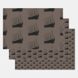 Nautical Retro Brown and Black Ship Sailing Boat Geschenkpapier Set