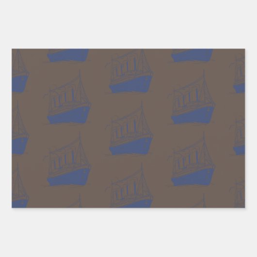 Nautical Retro Brown Navy Blue Ship Segelboot Geschenkpapier Set (Vorderseite)