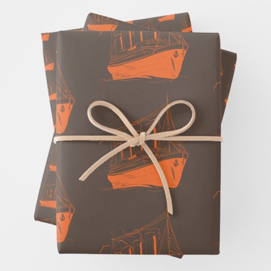 Nautical Retro Brown Orange Ship Boat Geschenkpapier Set (Beispiel)