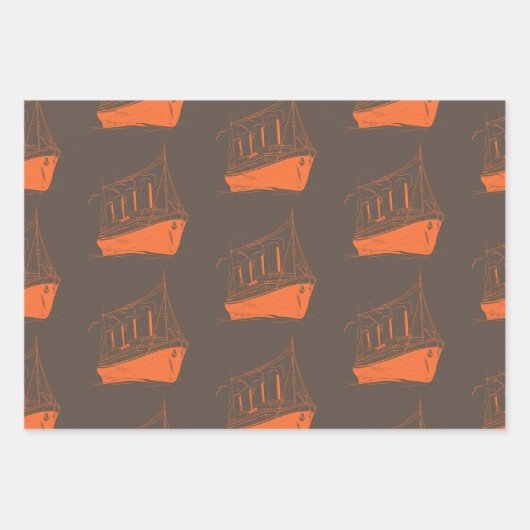 Nautical Retro Brown Orange Ship Boat Geschenkpapier Set (Vorderseite)