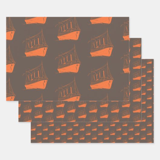 Nautical Retro Brown Orange Ship Boat Geschenkpapier Set (Set)