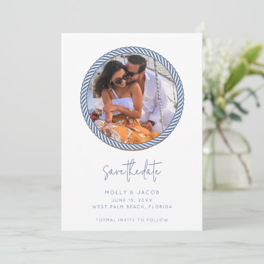 Nautical Rope Foto Wedding Save the Date (Stehend Vorderseite)
