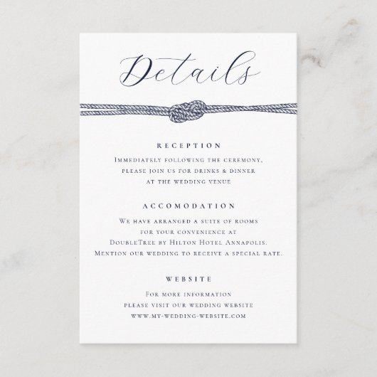 Nautical Rope Knot Elegante Details Hochzeit Begleitkarte (Vorderseite)