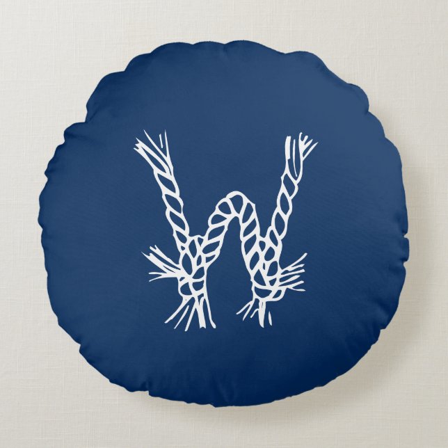 Nautical rope knots blue custom monogram rundes kissen (Vorderseite)