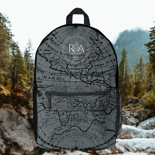 Nautical Rope Monogram Map Black Grey Bedruckter Rucksack