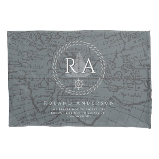 Nautical Rope Monogram Map Grey Kissenbezug (Vorderseite)