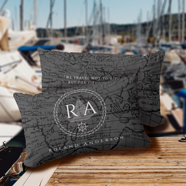Nautical Rope Monogram Map Grey Lendenkissen (Nautical Map Traveller Monogram Dark Grey Accent Pillow .)