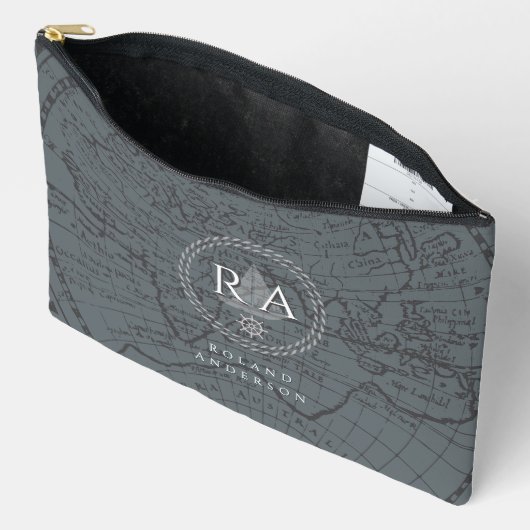 Nautical Rope Monogram Map Grey Zubehörtasche (Offen)