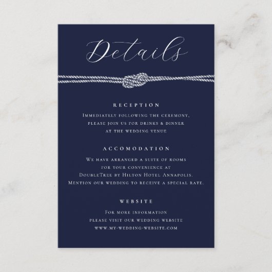 Nautical Rope Navy Blue Elegant Details Hochzeit Begleitkarte (Vorderseite)