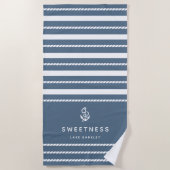 Nautical Rope Stripe & Anchor Boat Name Strandtuch (Vorderseite)