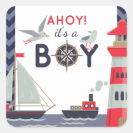 Nautical Sailboat Ahoy Baby Boy Dusche Einladung Quadratischer Aufkleber